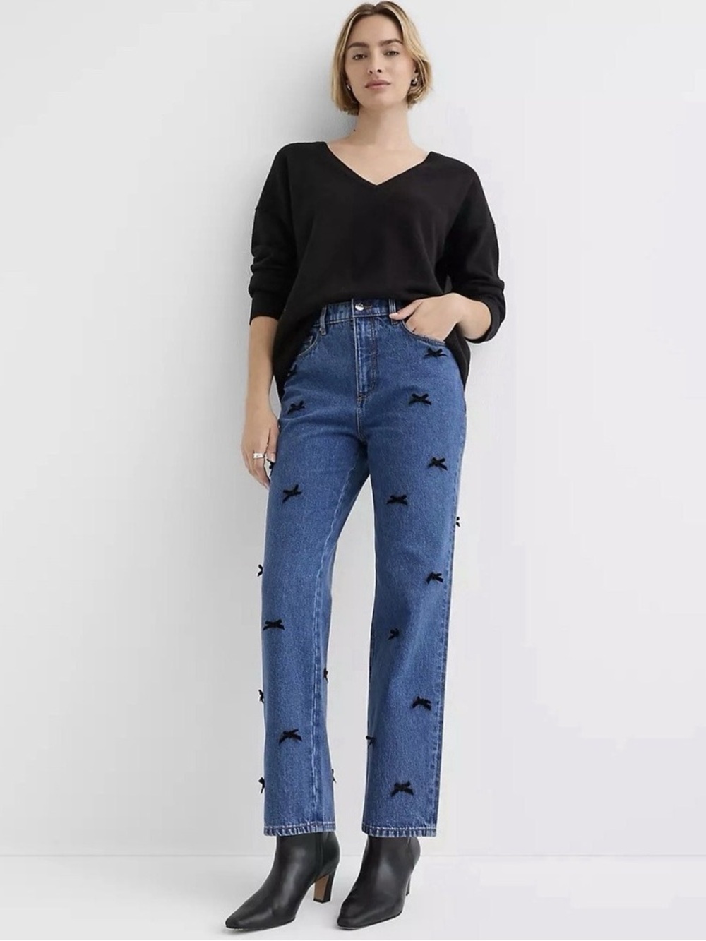 LOFT Blue Straight-Leg Jeans with Black Bow Details